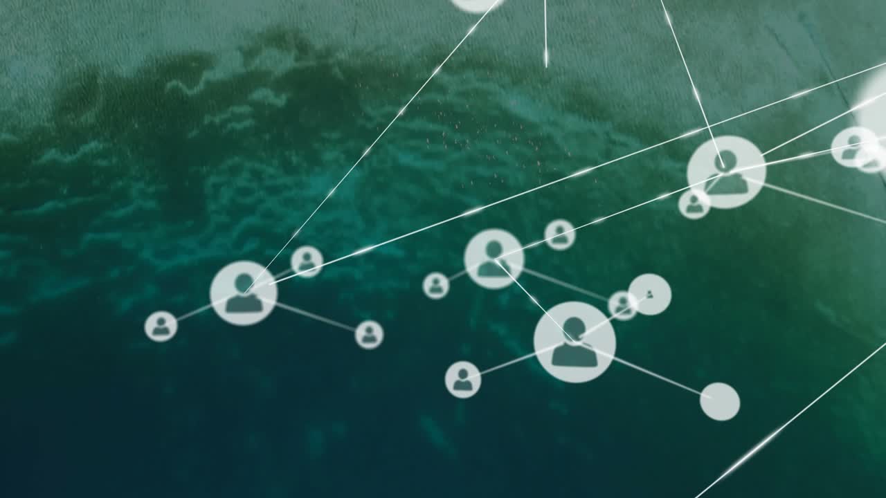 Solitary node emerging at edge initiating network growth, nodes connecting expanding across ocean