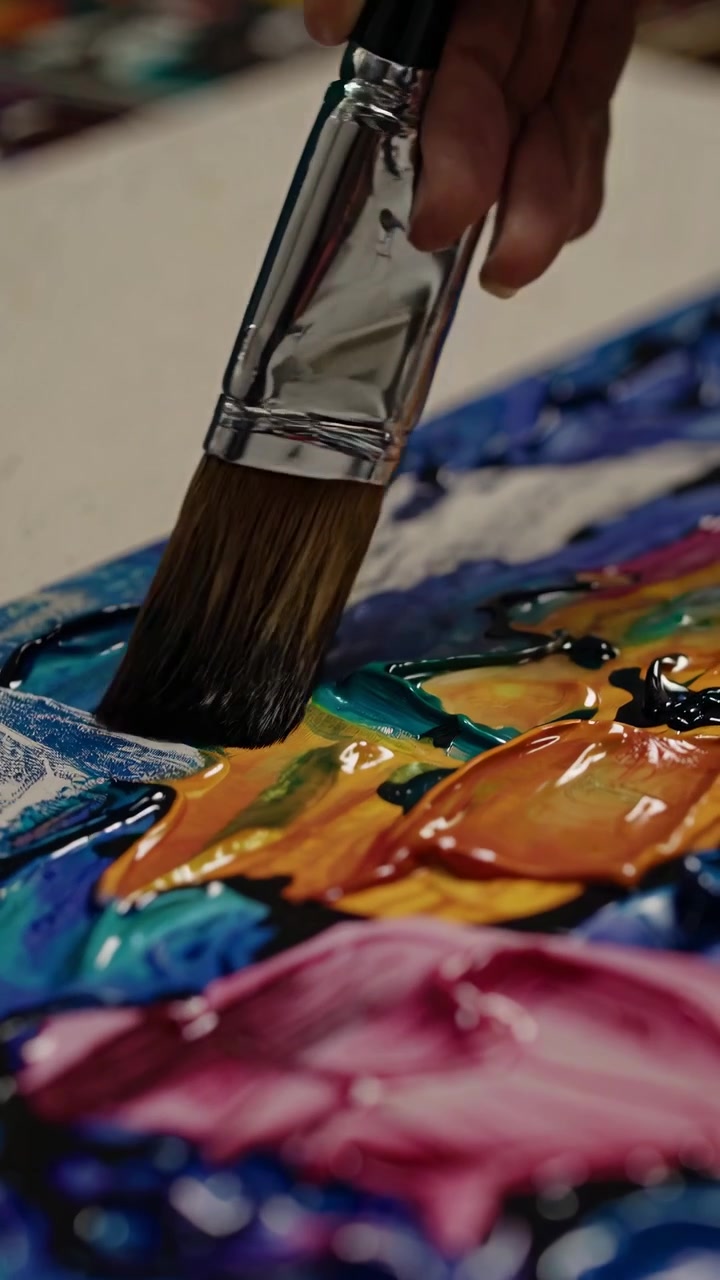 Artista pintando arte abstracto colorido en un estudio soleado