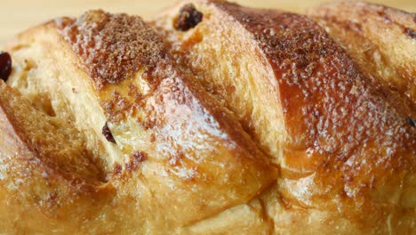 close-up of a cinnamon raisin bread loaf