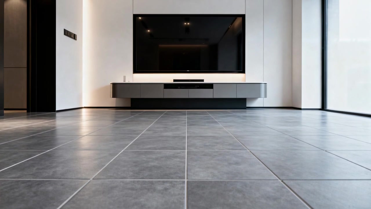 Et lavt kamera trækkes tilbage fra flisegulvet i stuen, afslører TV, konsol, soundbar, der viser design.
