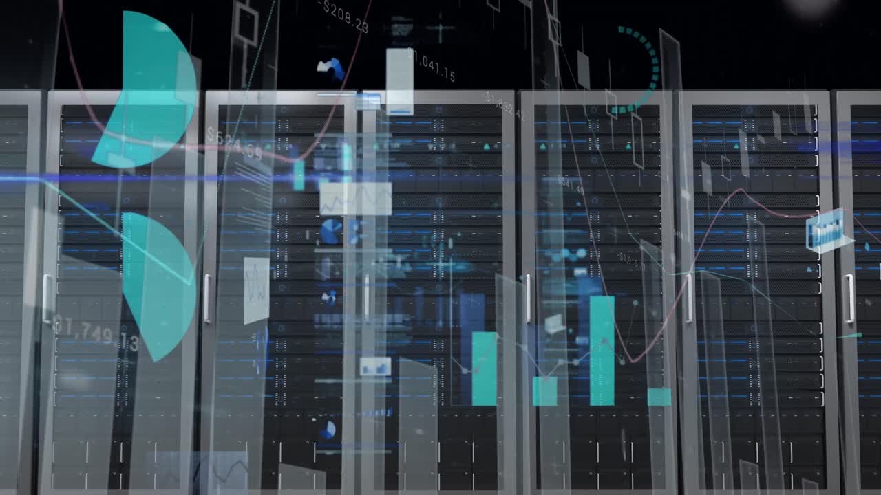 Animation of data processing and diagram over server room