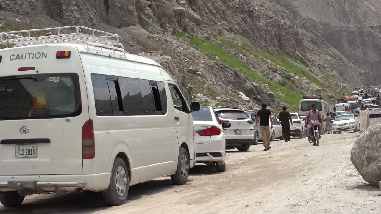 Traffic jam on a narrow mountain road in Pakistan
