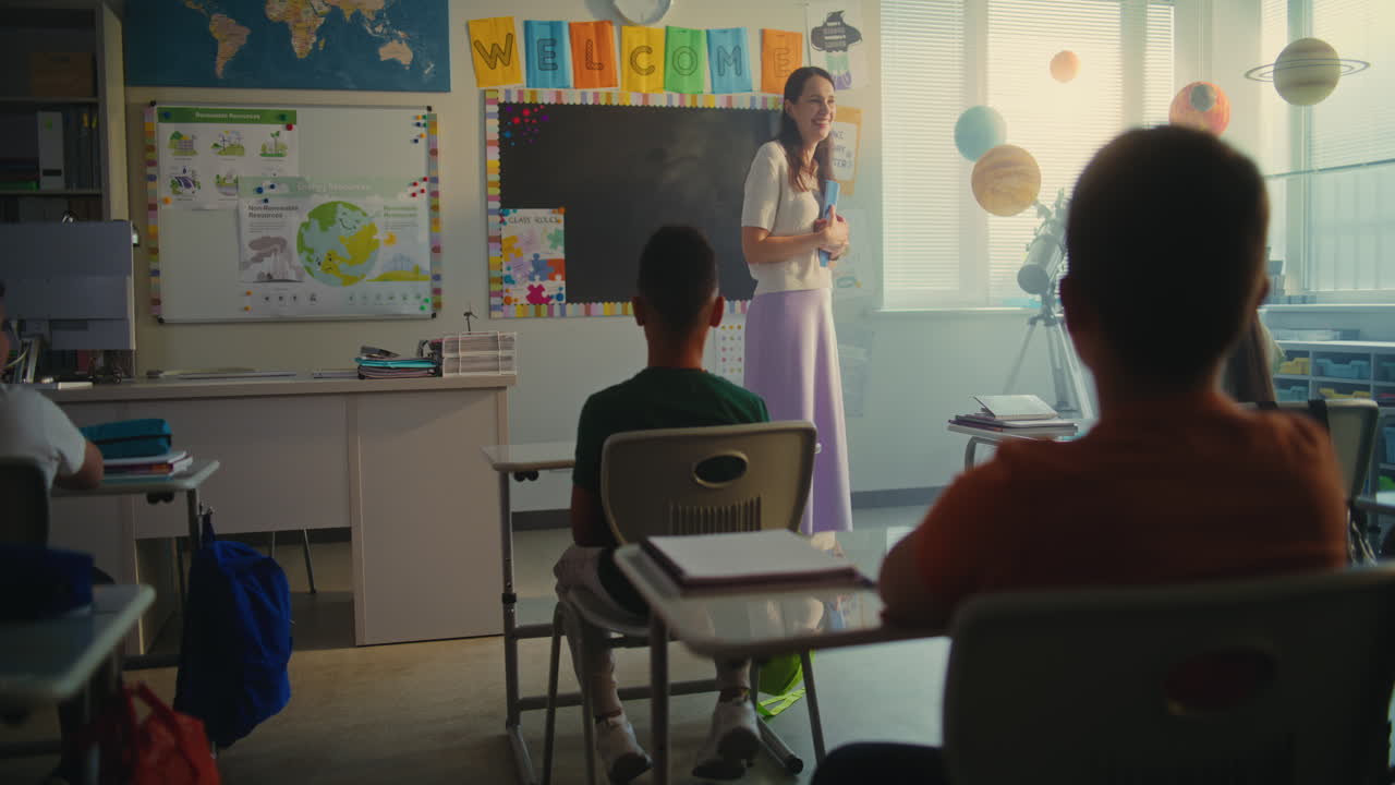 STEM Class Beautiful Female Teacher Starting Lesson Educating Geography to Elementary School