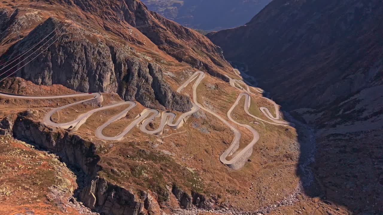 Iconic serpentine bends of Tremola Road from above, Switzerland
