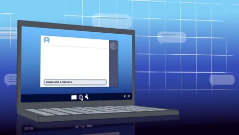 animation of laptop with ai chat on blue background