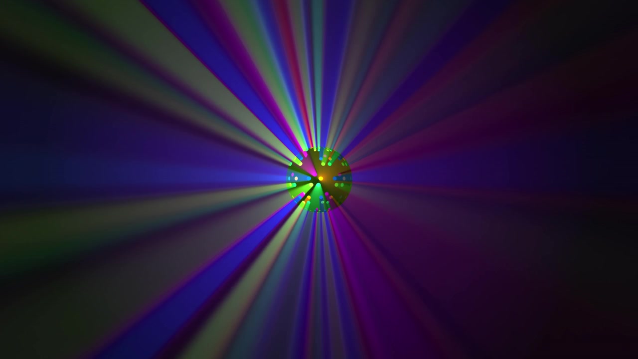 Palla da discoteca rotante che emette fasci di luce colorati nello spazio buio