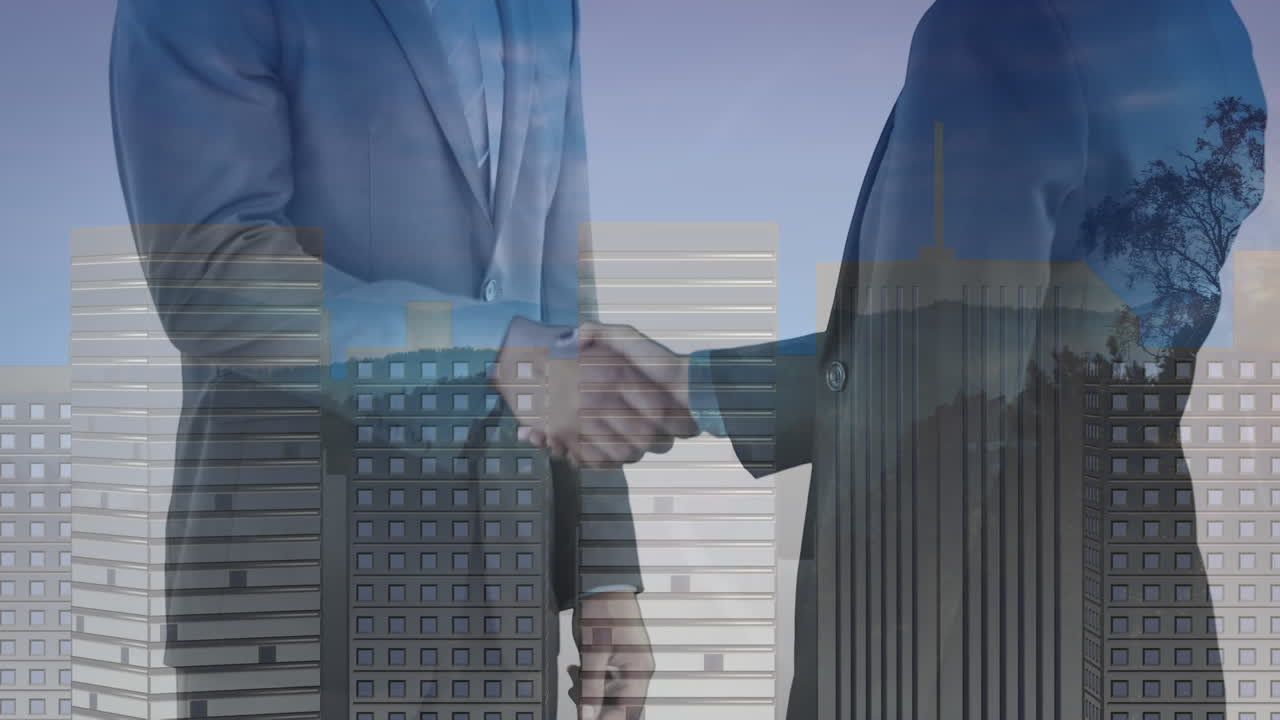 Animação de aperto de mão de empresários sobre paisagem urbana.