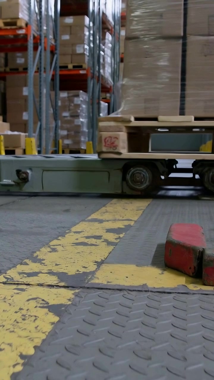 Video verticale: Carrello AGV che segue una linea gialla, trainando un carico imballato e muovendosi in magazzino tra gli scaffali.