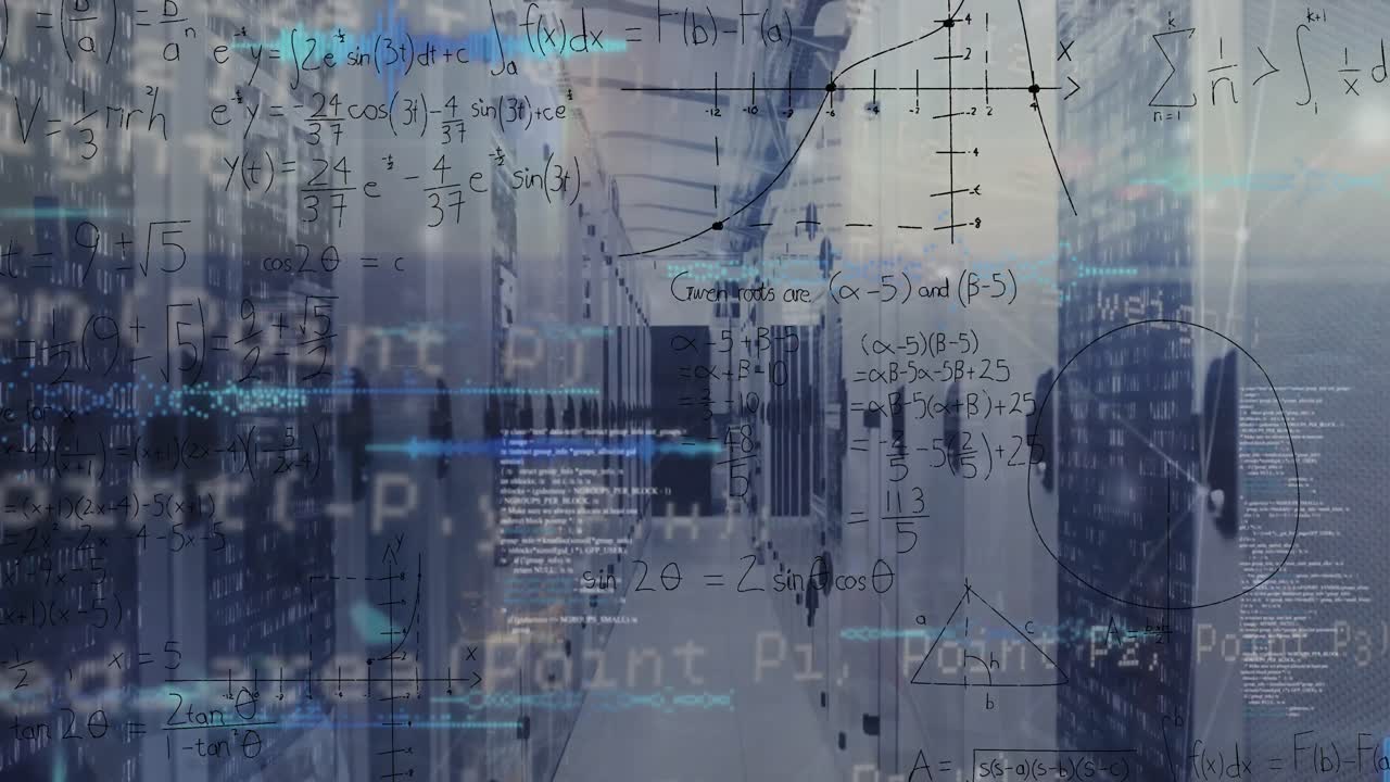 animazione di equazioni matematiche e elaborazione dei dati contro la sala server del computer