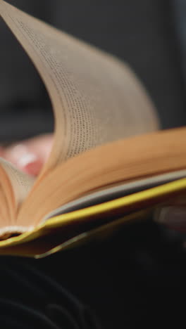 primer plano de las páginas del libro siendo volteadas por una mano adornada con un anillo y uñas pulidas, vestida con ropa negra, el fondo está borroso