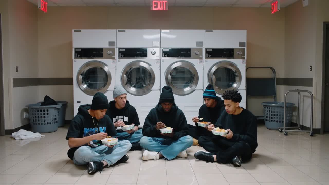 Eating takeout five males seated on laundromat floor while waiting for dryers, using forks