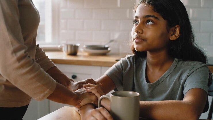 Leaning mother placing hands over daughter in gray-green T-shirt near mug in kitchen, supporting