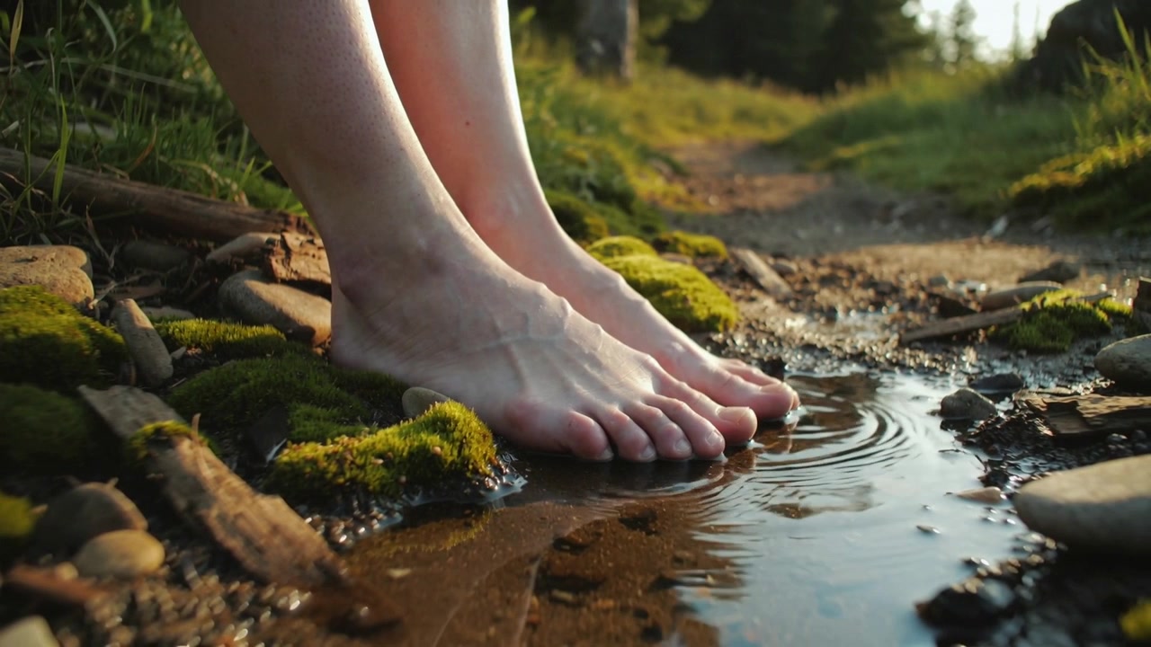 Resting bare feet lowering toes into shallow stream at forest edge, feeling water, creating ripples