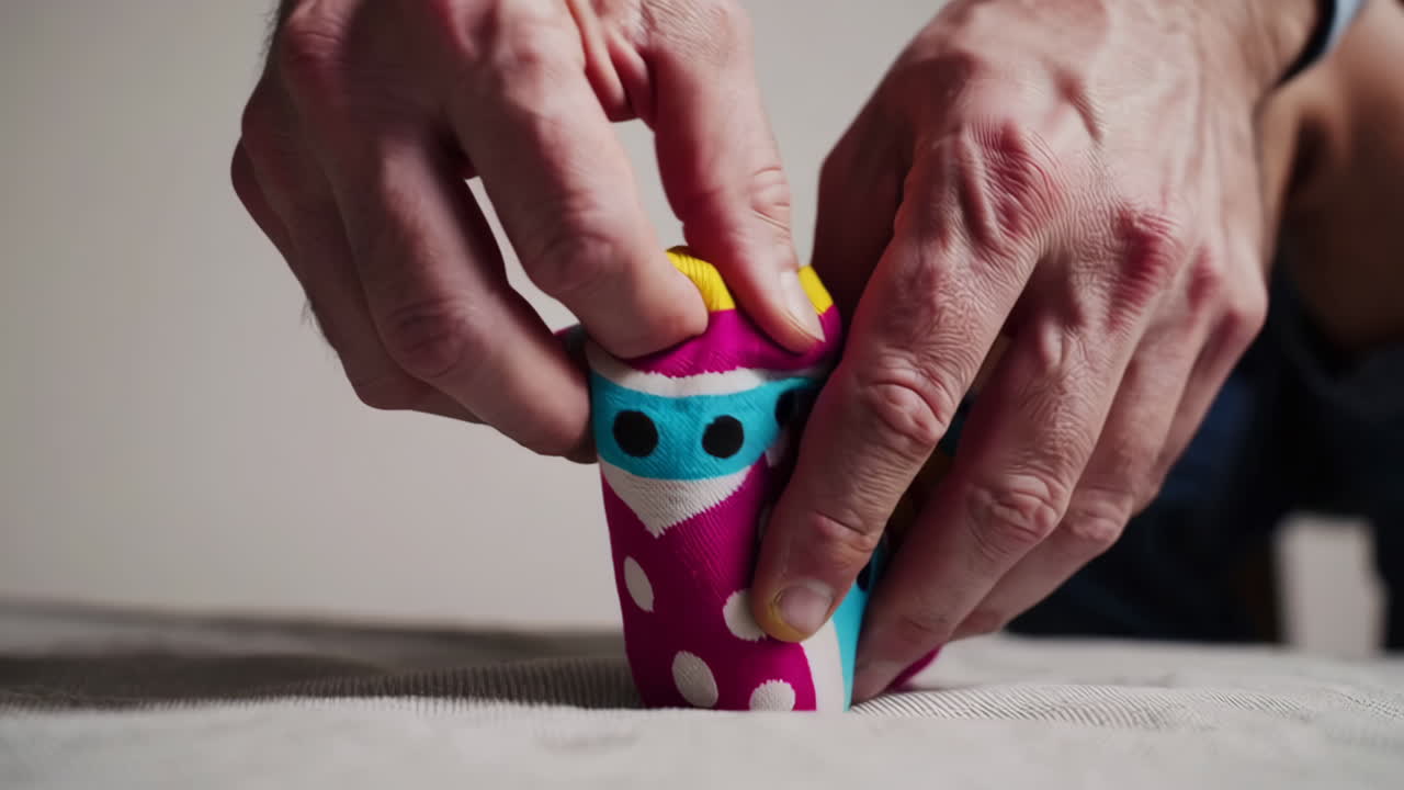Hands Folding a Colorful Patterned Sock