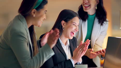 laptop, high five and applause with business women