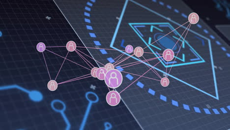 animation of network of connections over scope scanning on black background