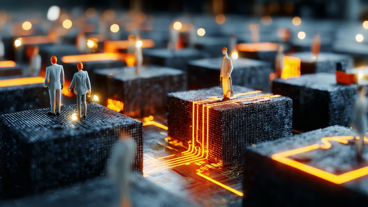 A Detailed Exploration of Digital Landscapes Featuring Figures on Circuit Boards Illuminated by LED Pathways, Showcasing the Fusion of Technology and Human Interaction