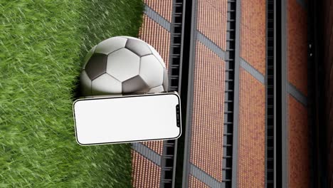 Smartphone-with-white-screen-mockup-on-a-soccer-field,-3d-vertical-animation