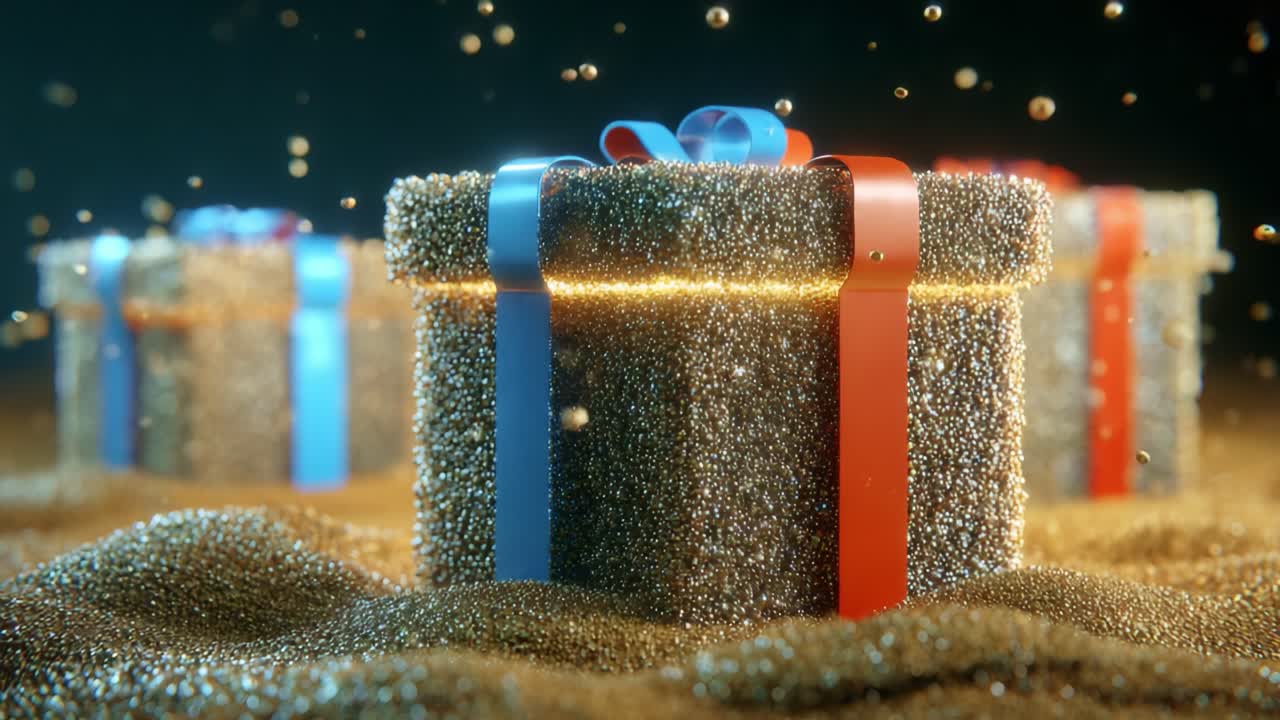Sparkling Gifts Surrounded by Glimmering Particles in a Festive Atmosphere, Showcasing a Collection of Decorative Boxes with Colorful Ribbons and a Mysterious Golden Backdrop