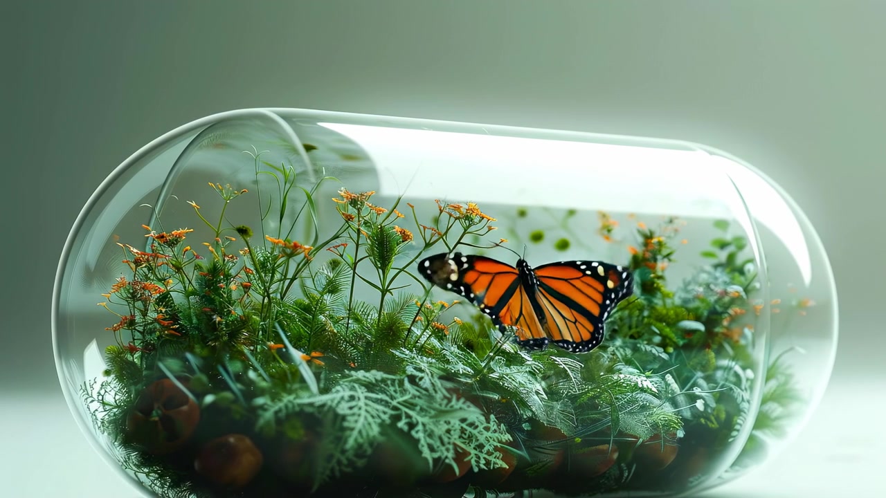 Borboleta monarca dentro de um terrário de vidro transparente em formato de cápsula. Uma borboleta monarca repousando sobre plantas dentro de um terrário de vidro transparente horizontal em formato de cápsula com musgo verde.