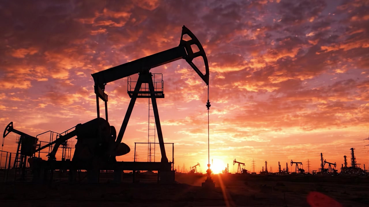 Illuminated Oil Pumps Against a Striking Sunset: A Captivating Display of Industry and Nature's Beauty in Harmony