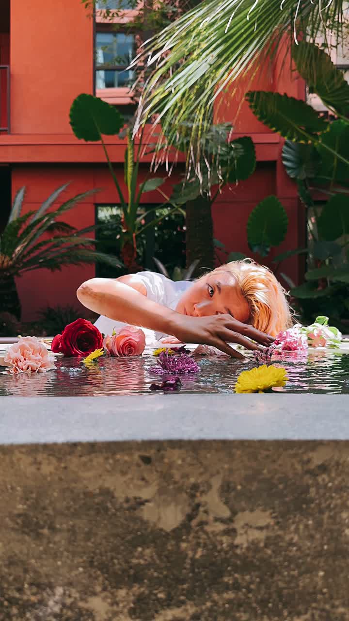 정원 분수 에서 꽃 사이 에서 휴식을 취 하는 여자