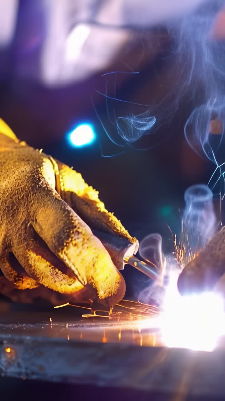 Close-up of Hands Using Welding Torch with Sparks Flying, Illuminating the Workspace, Symbolizing Craftsmanship and Precision in Metalwork