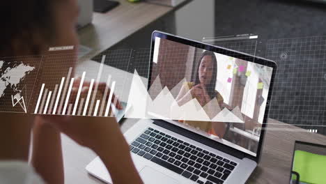 animación del procesamiento de datos financieros sobre diversas personas de negocios en una videollamada portátil