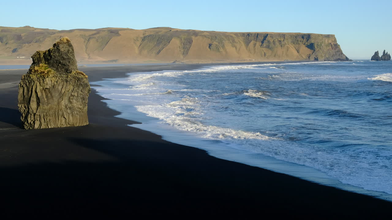 View of the black sand beach from Dyrhólaey in Vik, Iceland.