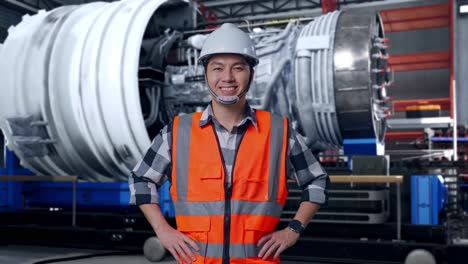 asian male engineer wearing safety helmet smiling to camera while standing with arms akimbo with airplane engine maintenance conducted, analytics checking the turbine