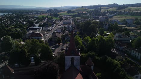 morat murten old town switzerland aerial drone church tower fribourg baroque townhouses