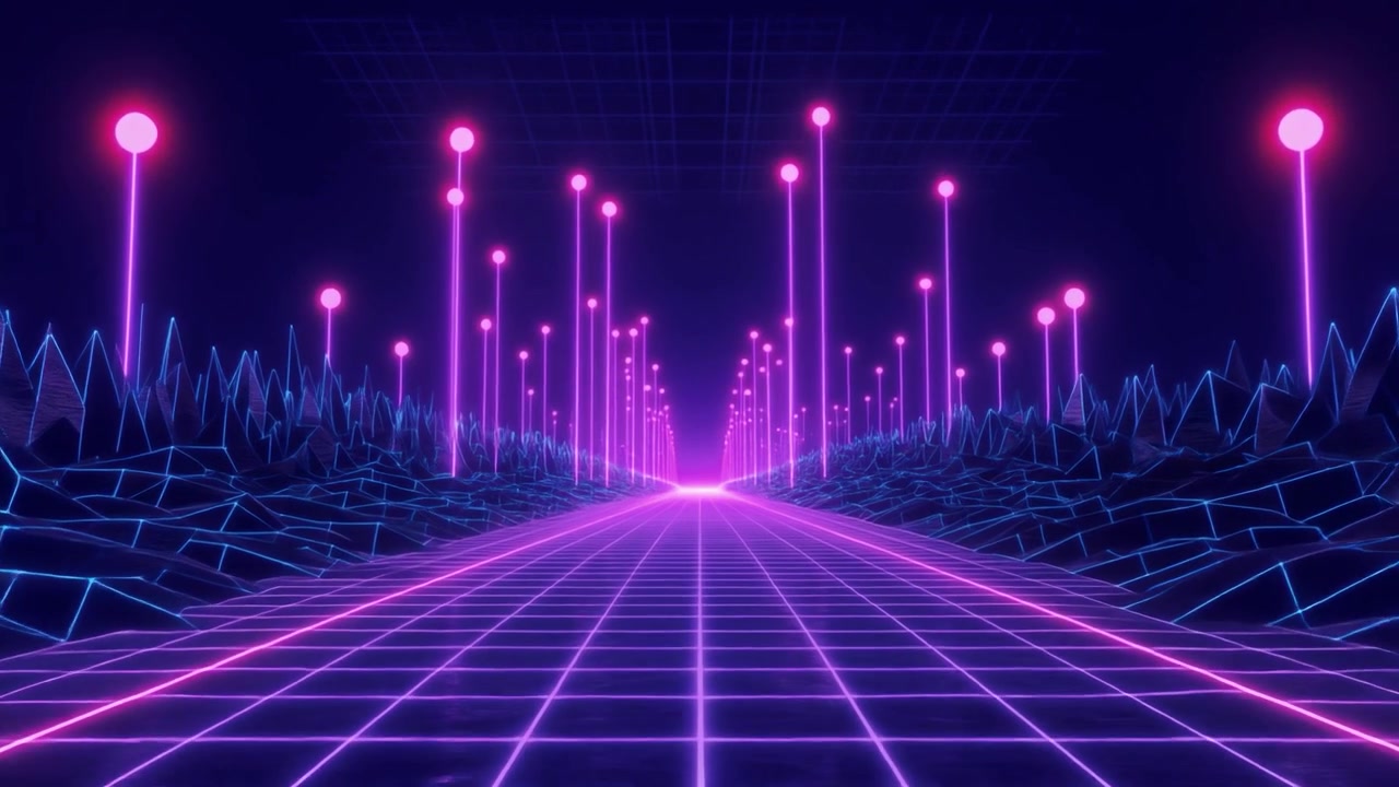 Paesaggio Digitale in Stile Retro Synthwave con Luci al Neon Scintillanti