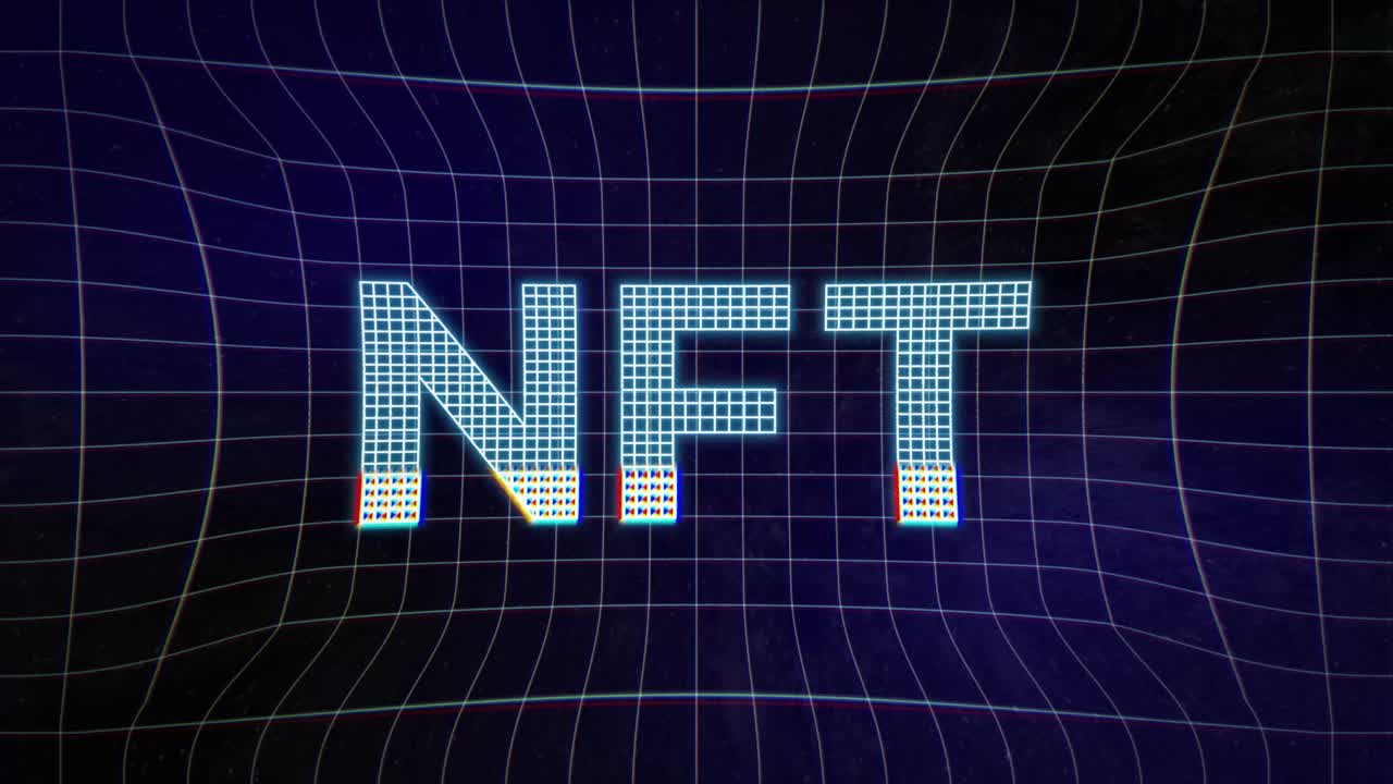 Holographic Neon NFT Inscription on Futuristic Grid Background Animation. NFT Metaverse Concept. 4K