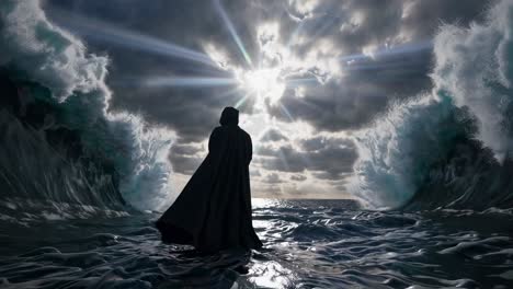 dramatic video concept of a cloaked figure parting stormy seas