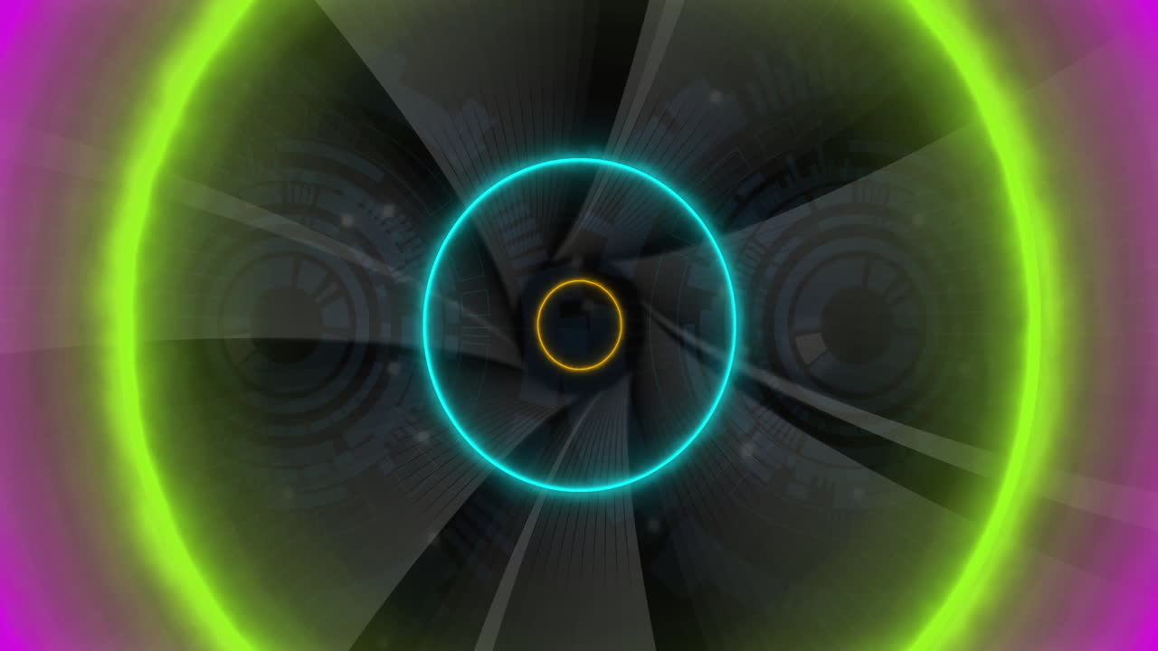 Neon circles and geometric shapes animation over futuristic background