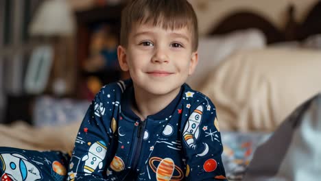 child jumping on bed in space-themed pajamas