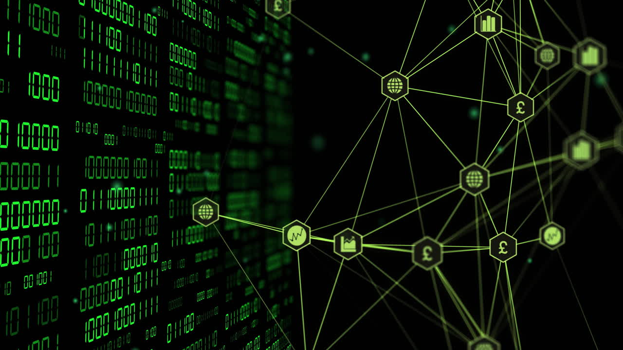 Animation of globe with binary coding and data processing over dark background