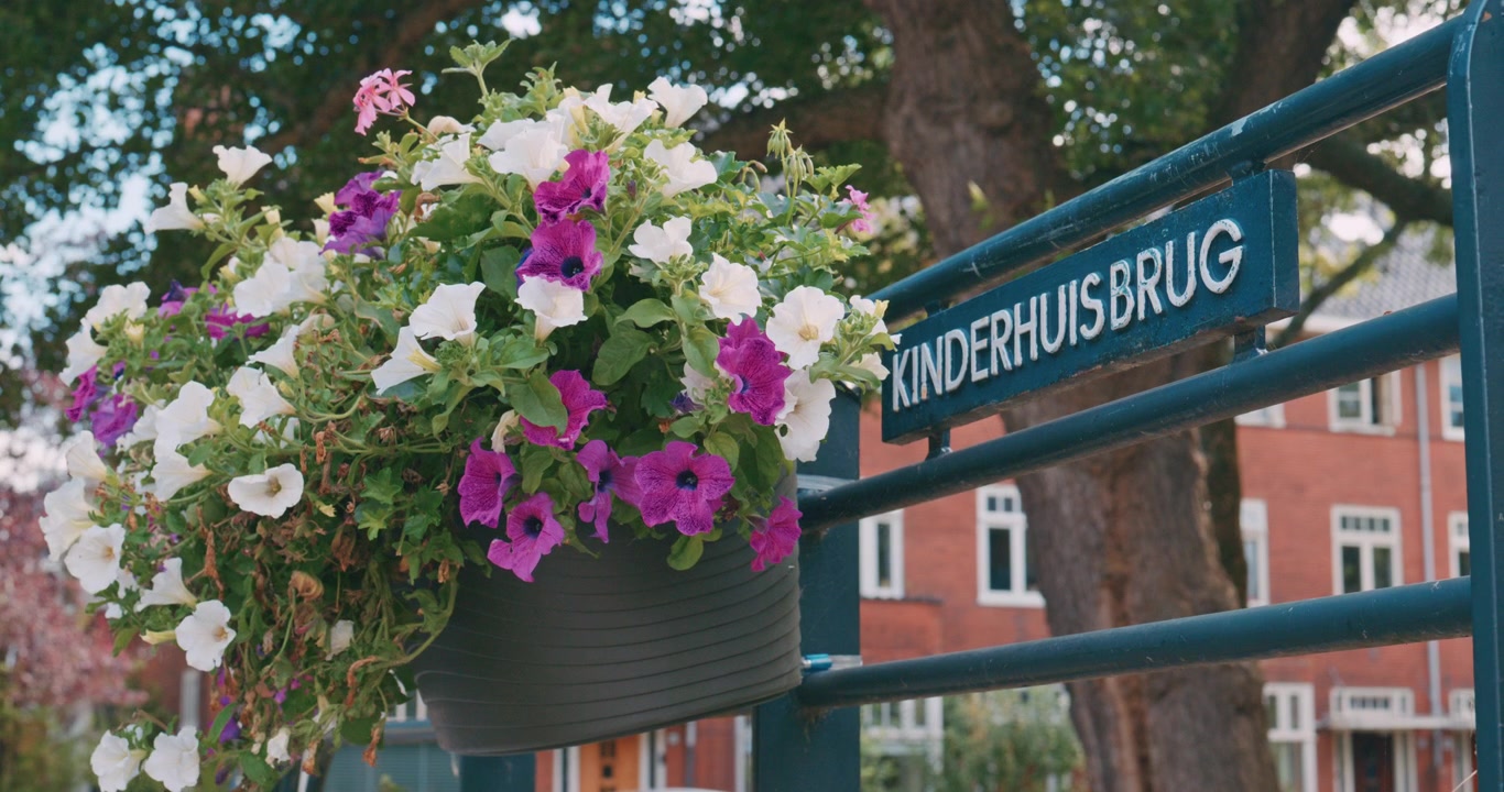 En levende blomsterkurv med lilla og hvite blomster henger nær et blått rekkverk ved skiltet Kinderhuisbrug i Nederland