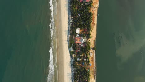 aerial drone shot of a village nestled among coconut trees on an island in udupi