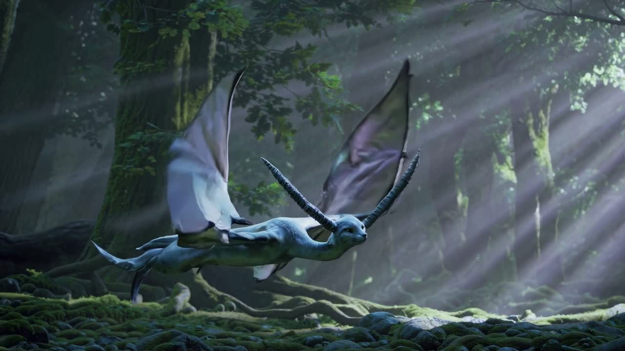 A majestic winged creature soars through a mystical forest