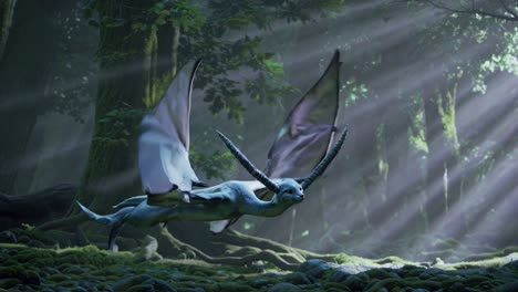 a majestic winged creature soars through a mystical forest