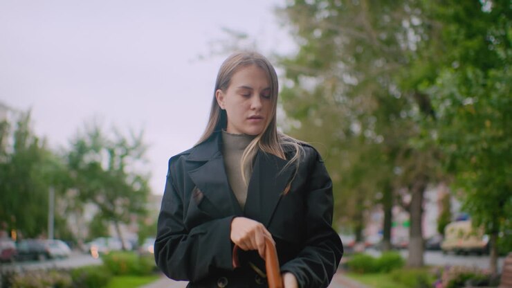 Donna nascosta dietro un grande ombrello nero mentre lo chiude in piedi su una strada cittadina con sfondo sfocato di alberi, auto ed edifici durante una giornata nuvolosa che mostra uno stile di vita all'aria aperta