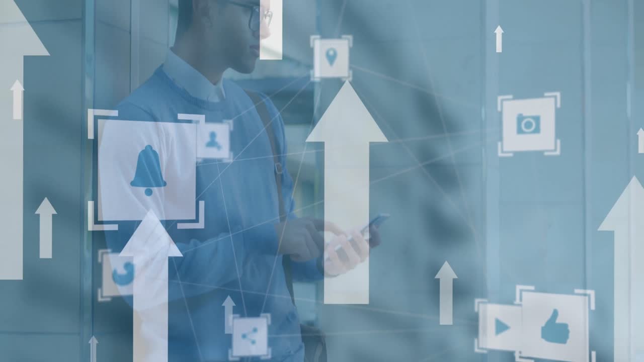 Animation of up arrows, connected icons over biracial man taking wall support and using smartphone