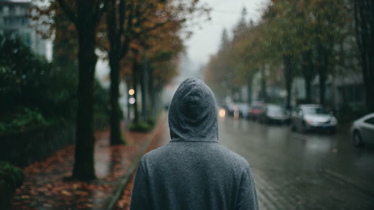 Una solenne passeggiata per strade piovose: una figura con una felpa con cappuccio si muove in un paesaggio urbano nebbioso, circondata da alberi e riflessi di pavimentazione bagnata