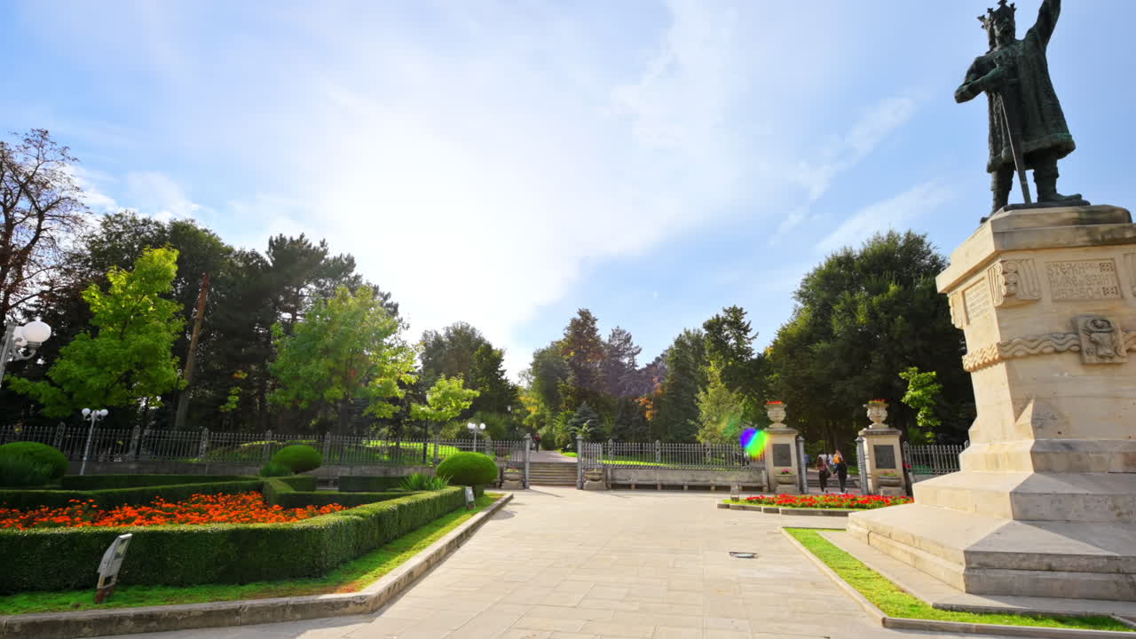 View of Stephen the Great monument located near central park in Chisinau, Moldova, Flowers and greenery
