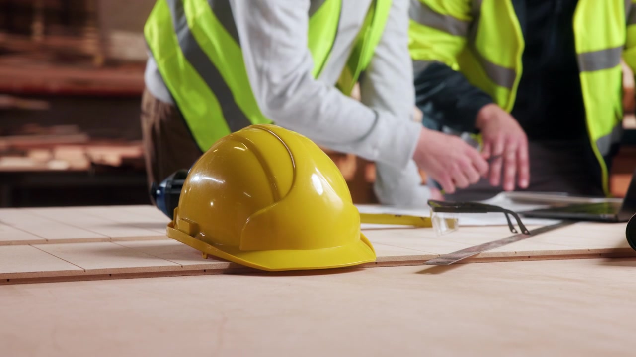 Construction Workers Reviewing Blueprints in Workshop