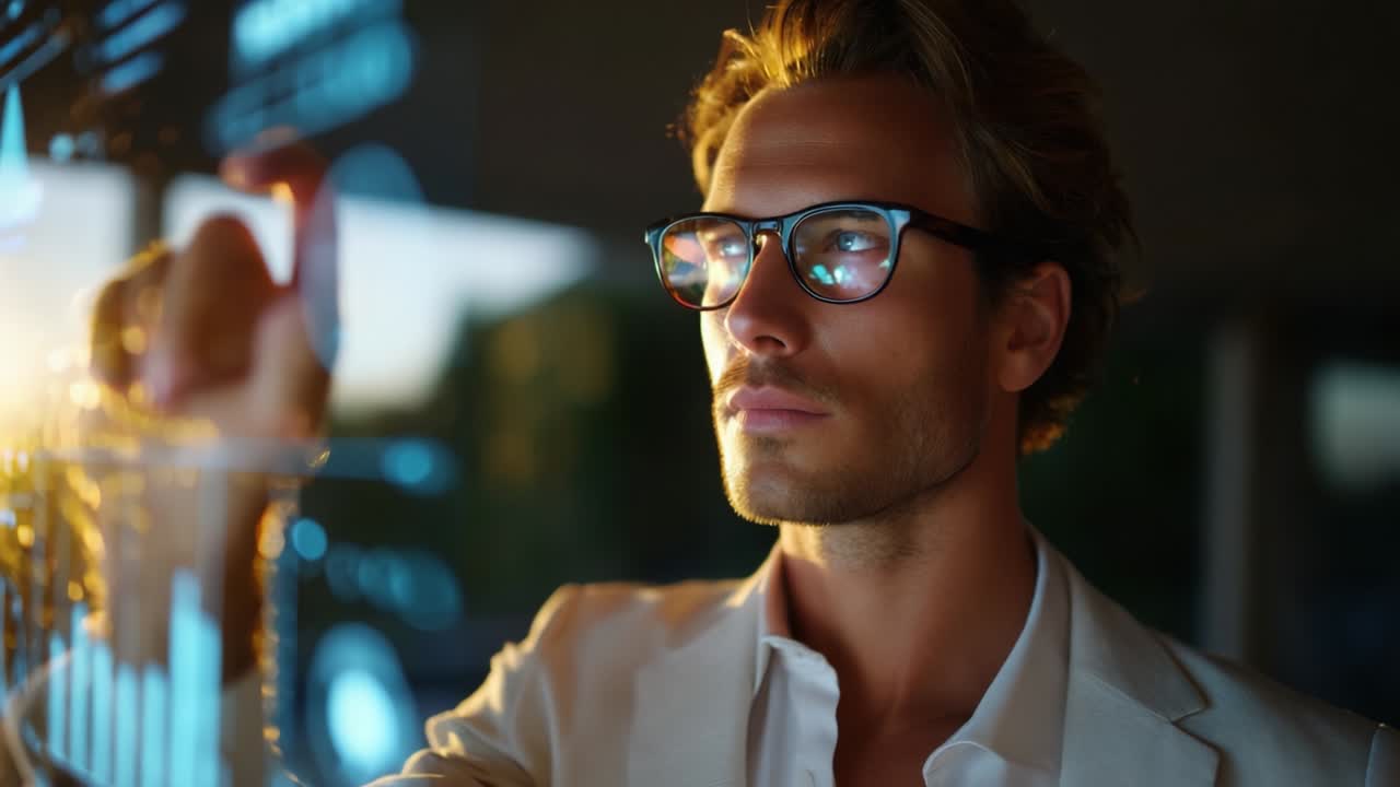 A Focused Individual Analyzing Data Trends on a Transparent Screen, Illuminated by Ambient Lighting, Capturing the Essence of Innovation and Technology in the Modern Workspace