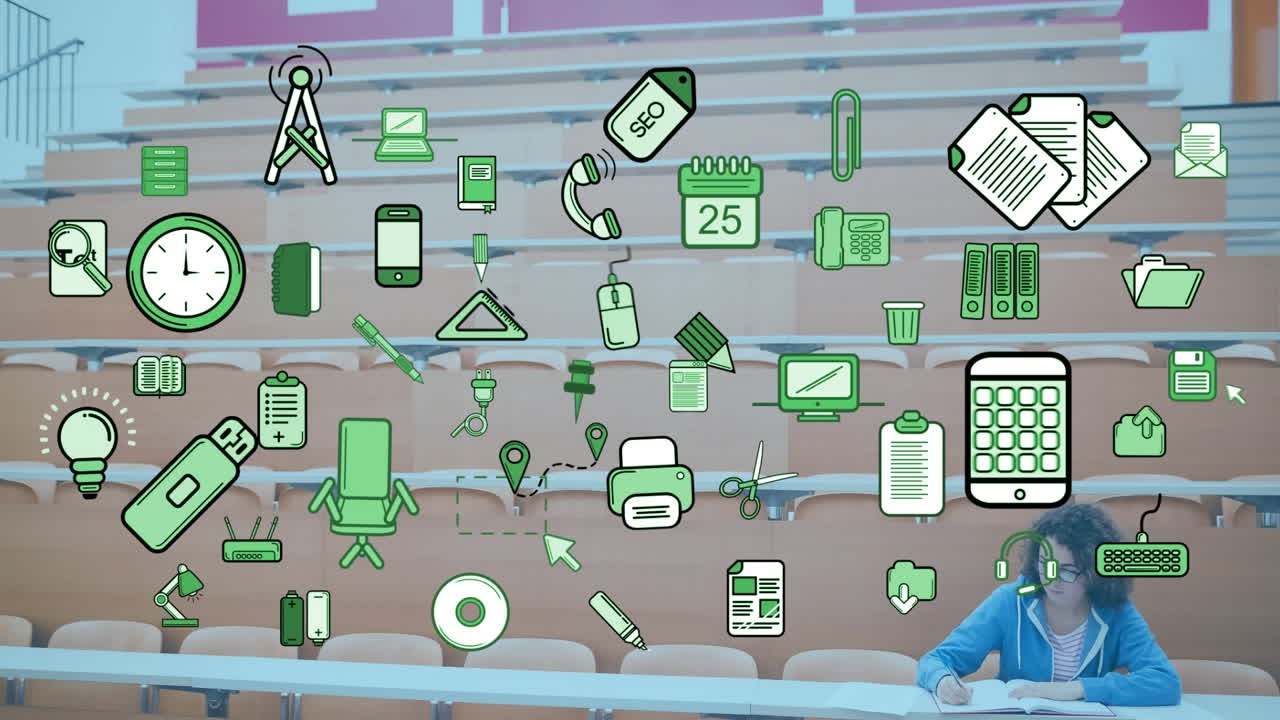 강의 중 백인 여성 학생에 대한 비즈니스 아이콘의 애니메이션