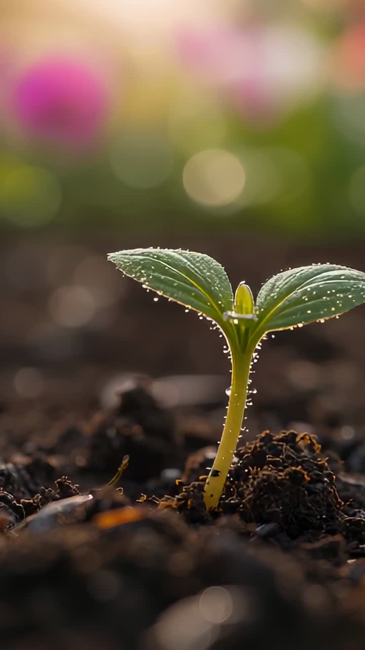 Video verticale: Piantina verde che emerge, mostrando i cotiledoni nel terreno, raccogliendo la rugiada mentre il sole sorge.