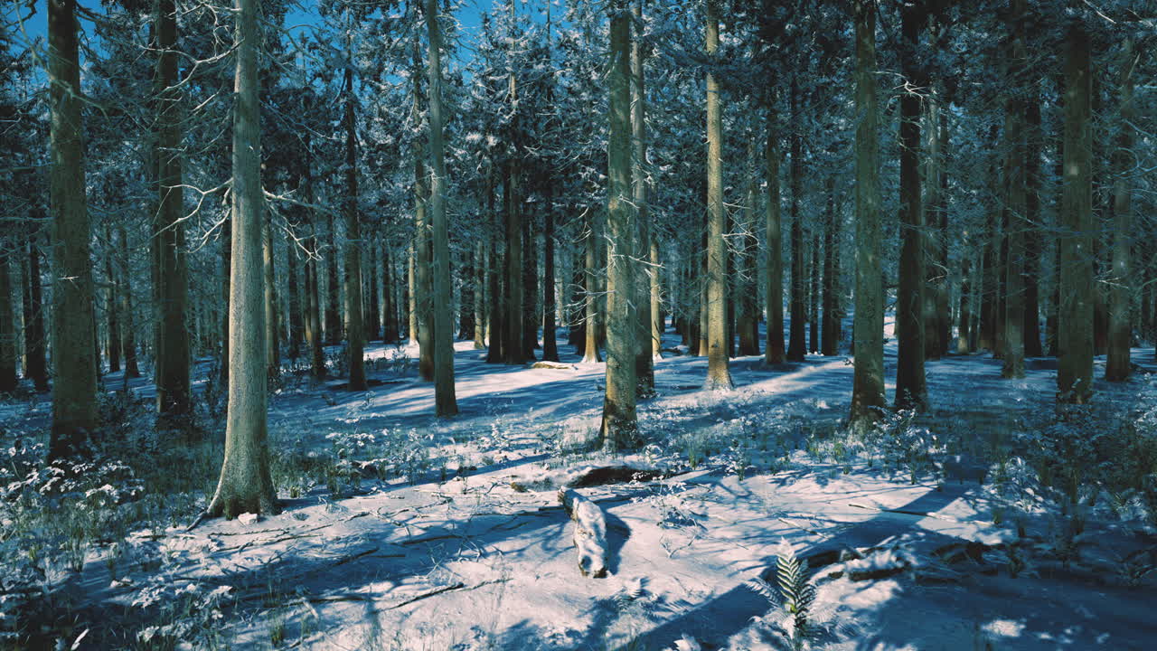Snow covered forest with tall trees and soft blue light in winter